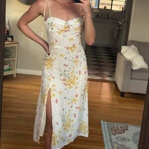 Women's White Floral Midi Slip Dress with Yellow Accent